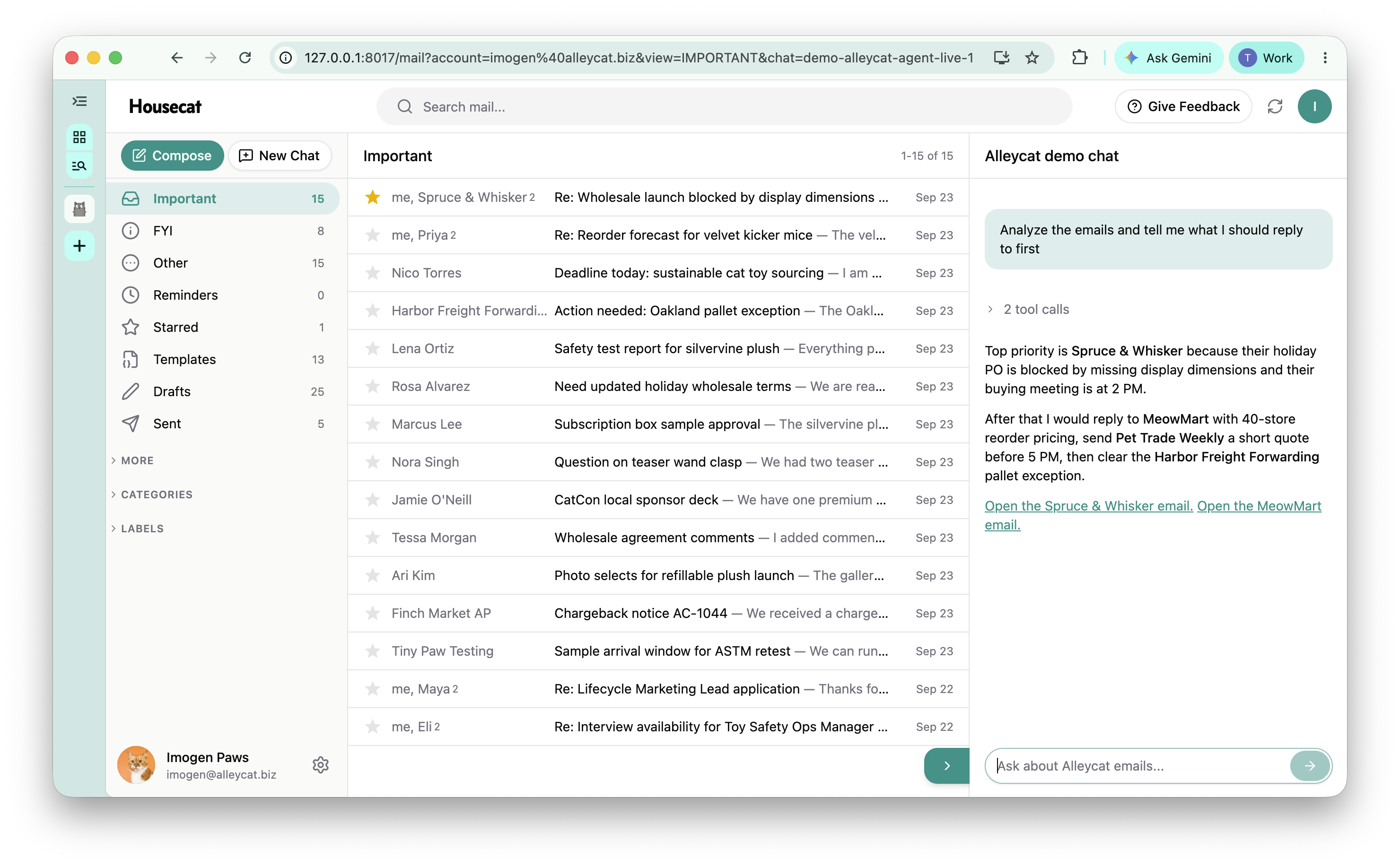 Housecat AI agent prioritizing emails in a chat panel beside the demo inbox